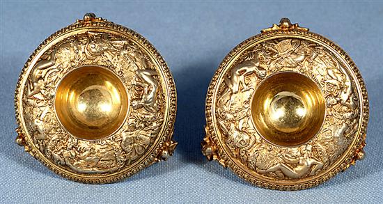 A good pair of Victorian cast silver gilt salt cellars and spoons, by Jane Brownett? height 40mm, weight 7.3 oz/230grms.